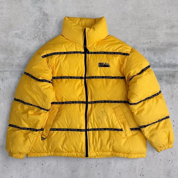 Vintage Y2K First Down Puffer Jacket Yellow Logo Stripe - Picture 1 of 5